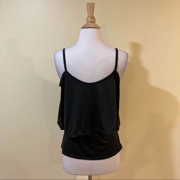 Cold Shoulder Ruffled Overlay Spaghetti Strap Half Sleeve Black Blouse - Picture 3 of 3
